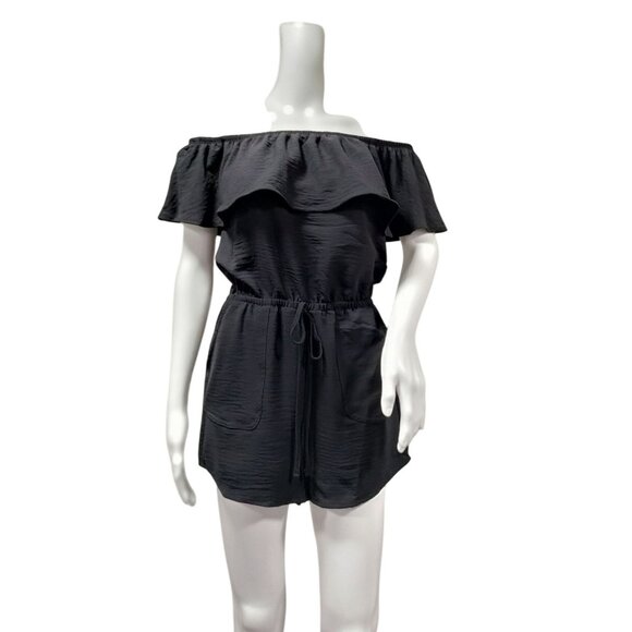 IRIS Black Off-Shoulder Ruffle Romper Boho Festival Twee Elastic Waist M NWT - Picture 1 of 4